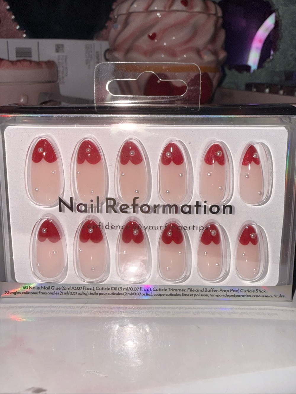 Nail Reformation Press-On Nails in Nude with Red Heart Tips & Pearls